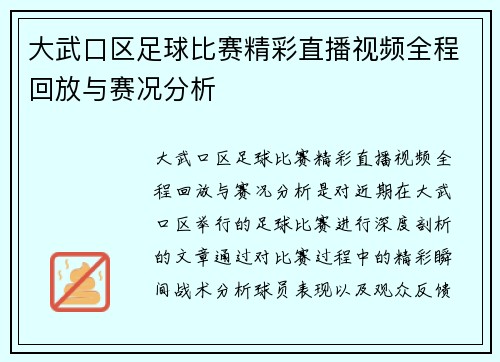 大武口区足球比赛精彩直播视频全程回放与赛况分析